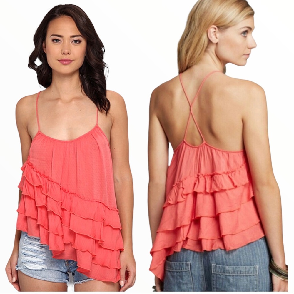 FREE PEOPLE Flutter By Tiered Ruffle Asymmetric Tank Top Coral Pink Small